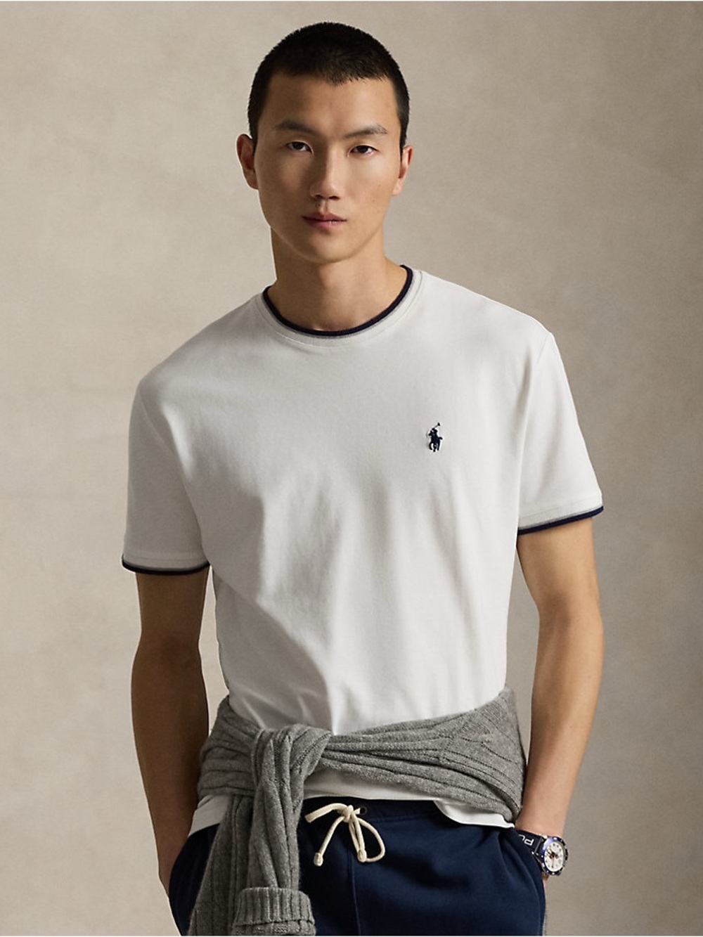 Polo by Ralph Lauren White Cotton Crewneck T-Shirt with Navy Trim Classic Fit St